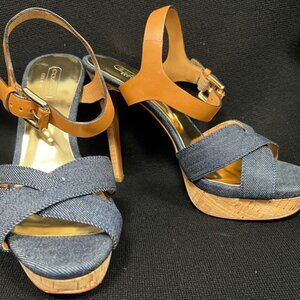 COACH DANI High Heels, Platform Open-Toe, Denim & Leather 6.5
